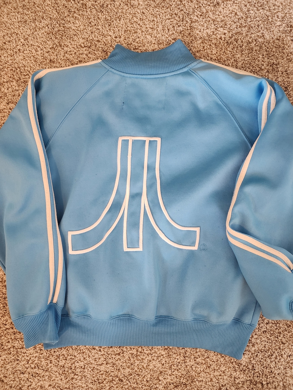 VTG 🕹 ATARI Track Jacket Baby Blue /Stripes Retro Gamer Logo Back. Retro-tech M